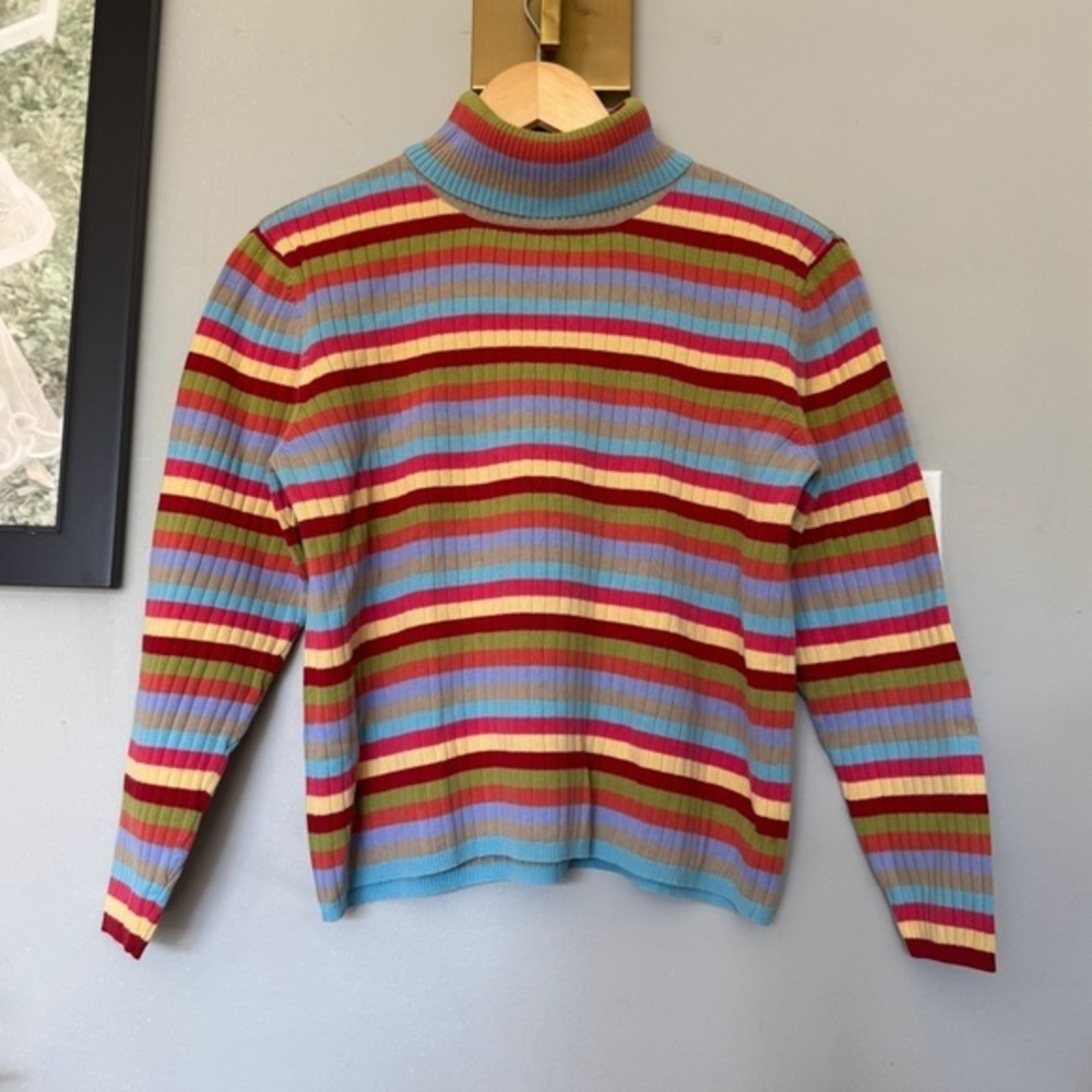 Vintage Talbots Sweater Turtleneck Ribbed Striped Colorful Long Sleeve Cotton